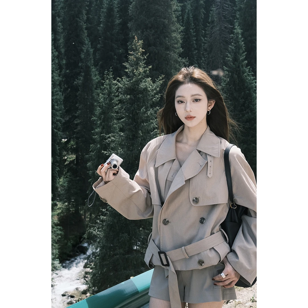 安酒月【秋日来信】秋季新款短款风衣女卡其显高外套AJ4FSW11