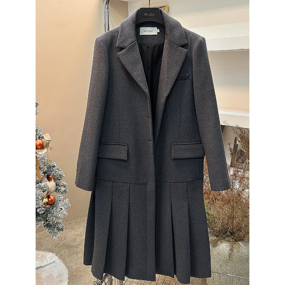 【安酒月专属】深灰色中长款连衣裙式毛呢外套AJ2FWZ03