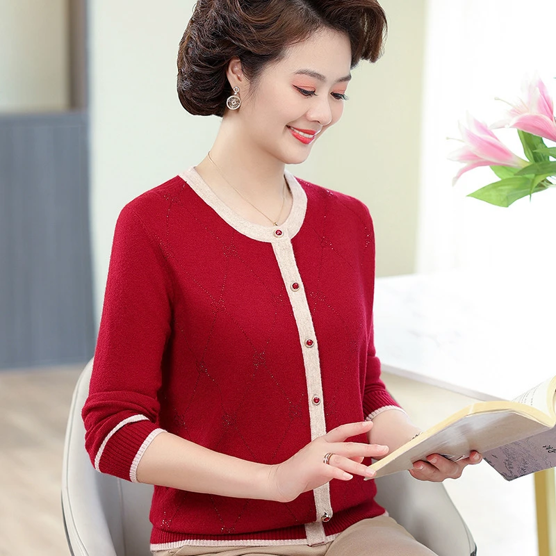 中老年女装秋季毛衣针织衫大码宽松单排扣开衫圆领长袖妈妈装奶奶