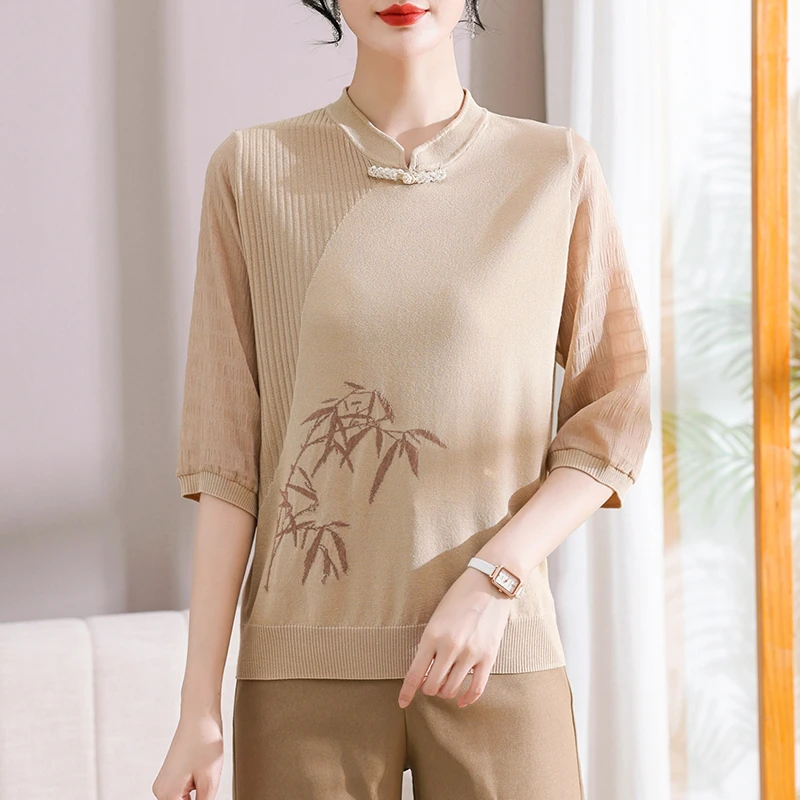 中老年女装春秋季新款时尚旗袍领T恤拼接七分袖大码妈妈装上衣女