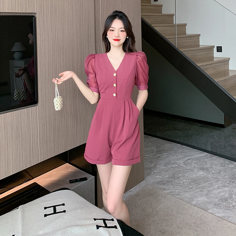 时尚气质小个子连体裤女夏季高级感泡泡袖V领显瘦连体阔腿短裤