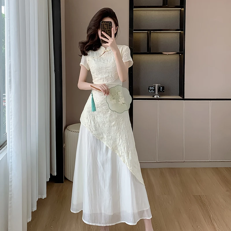 夏季新款新中式复古禅意拼接假两件收腰显瘦不规则长款绣花连衣裙