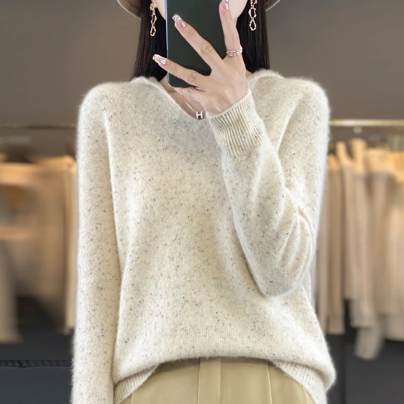 【100% 纯羊毛 】~一线成衣连帽点子纱套头毛衣长袖针织打底331