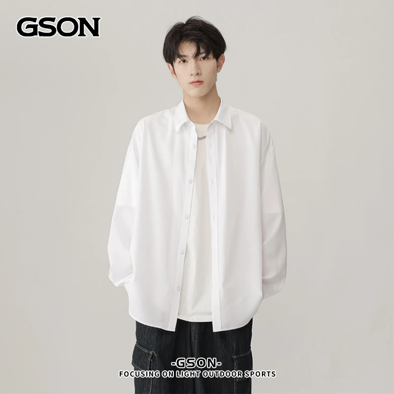 GSON衬衫男春秋季新款高级感长袖衬衣宽松纯色上衣外套