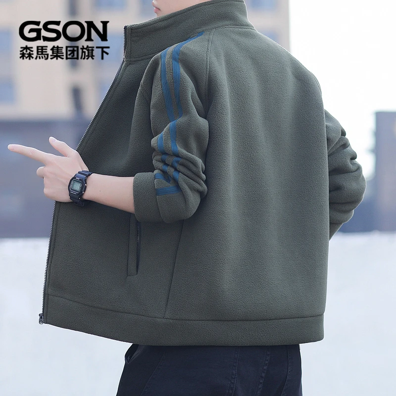 森馬集团GSON加绒加厚立领秋冬季宽松保暖男士开衫外套休闲夹克潮
