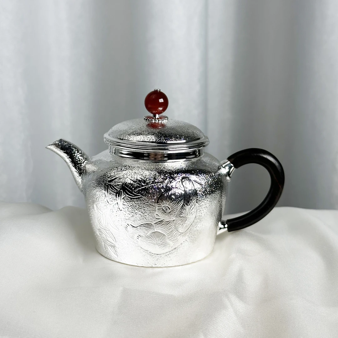 新品--手工锤纹熊猫泡茶银壶