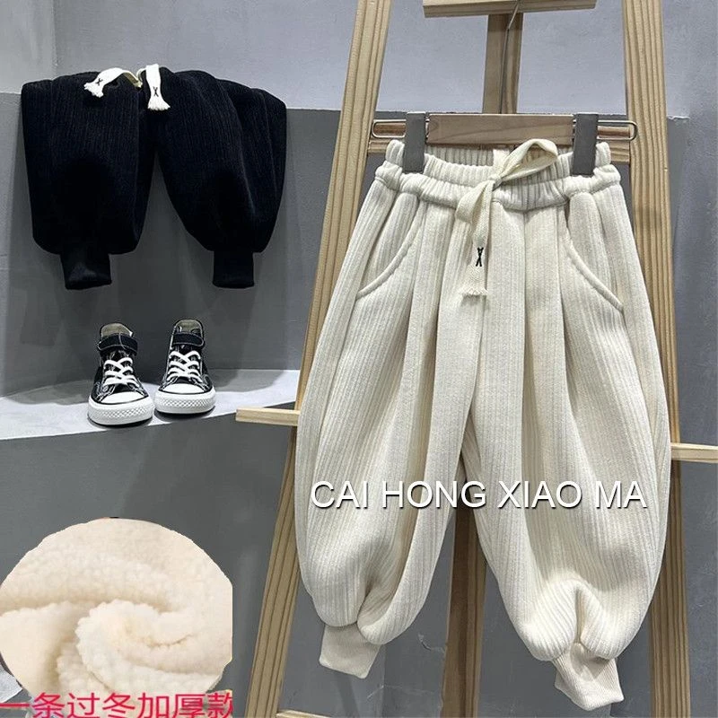儿童雪尼尔冬款加厚一体绒裤子韩系男女童秋冬保暖束脚哈伦裤