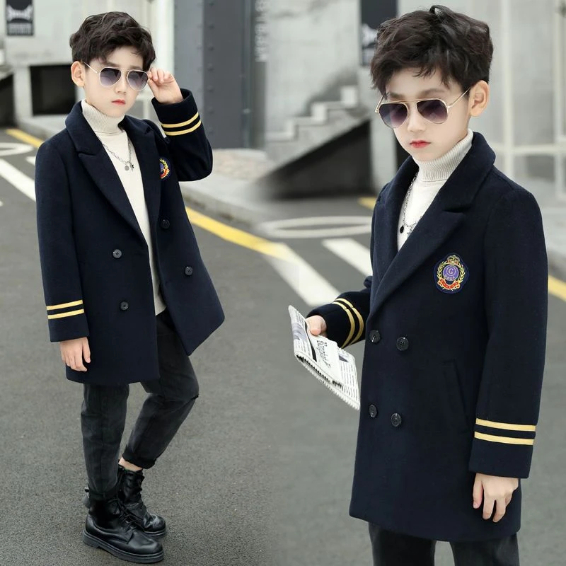 男童新款儿童毛呢外套中长款英伦风大衣秋冬装中大童西装领潮