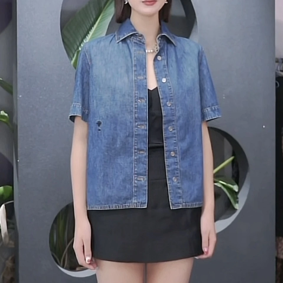 99新 DIOR/迪奥 积分-100/P224933292/短袖牛仔衬衫 蓝色 34