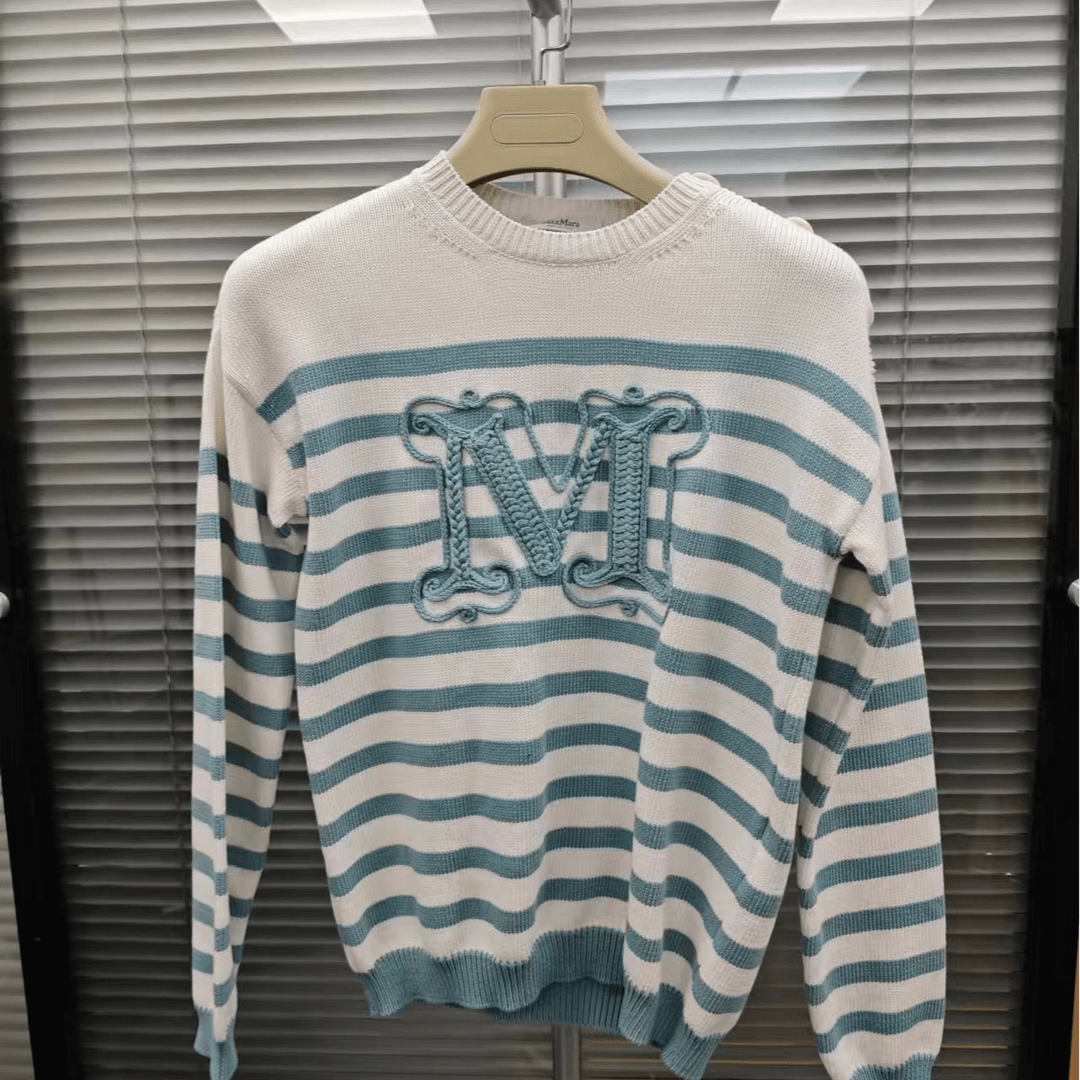 99新 MaxMara P224933323/条纹圆领套头长袖毛衣 白色 S