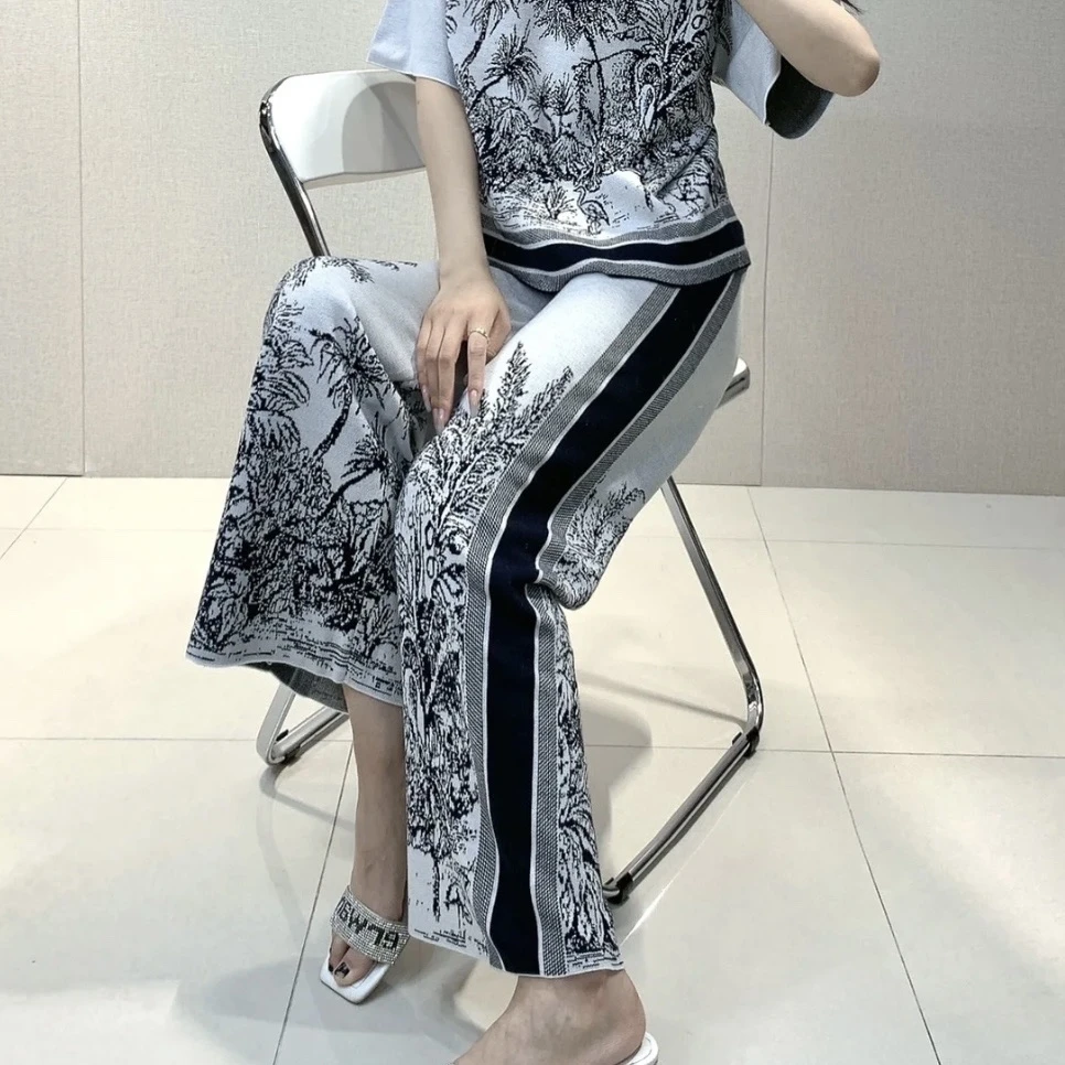 99新 DIOR/迪奥 小花汤汤/P244276294/棕榈树针织裤长裤 40码