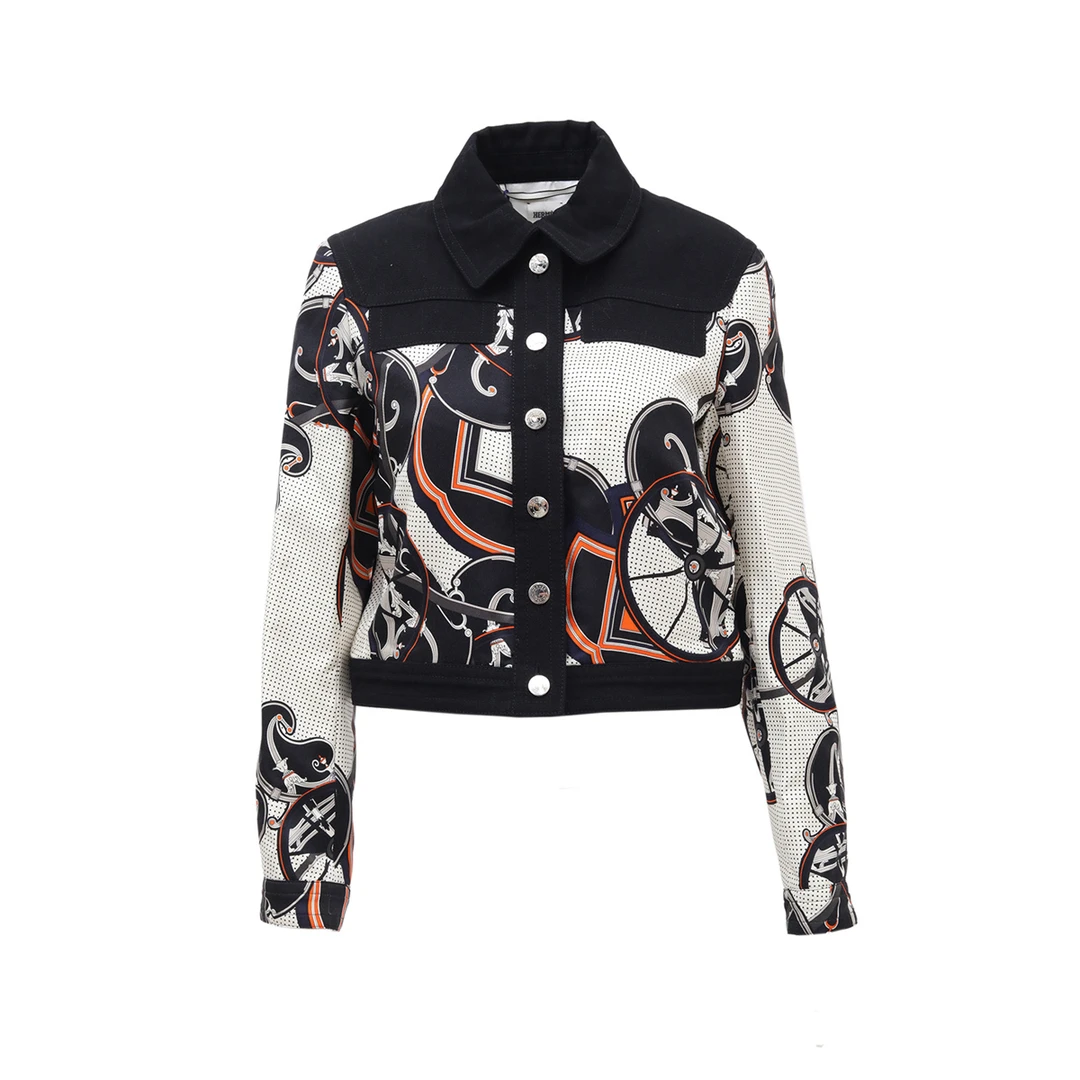 99新 Hermes/爱马仕 小花汤汤/P224829477/白色间黑车轮图案外套