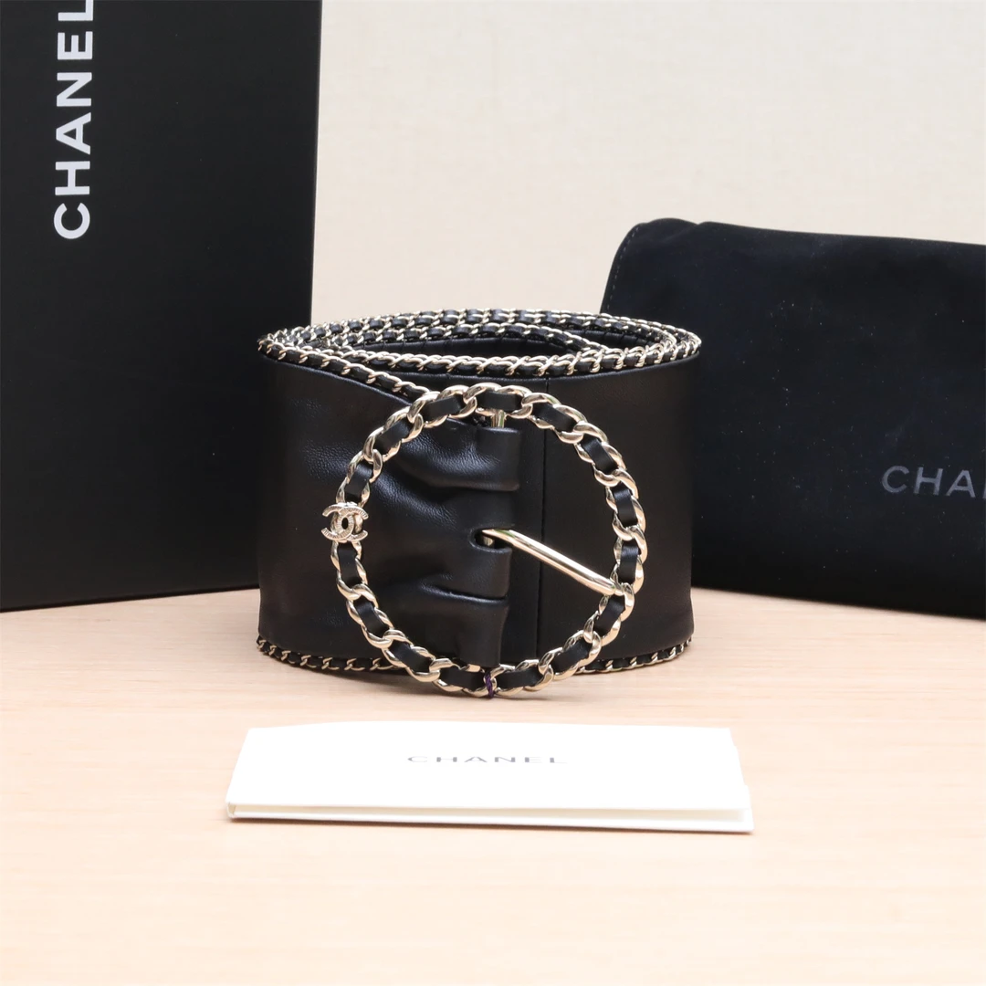 99新 Chanel/香奈儿 积分-100/P224827645/黑金皮穿链圆环宽腰带