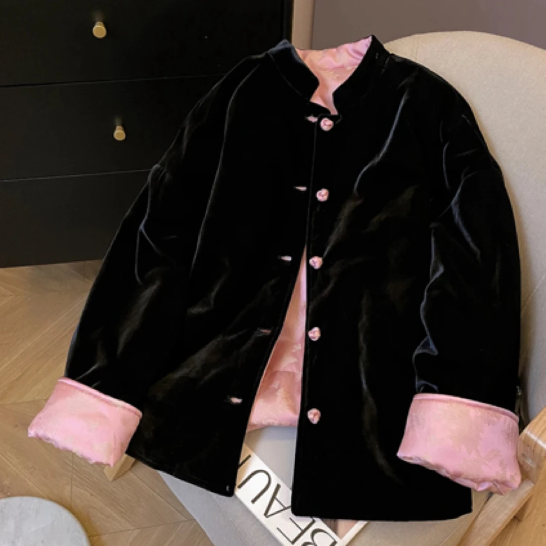 新中式丝绒提花立领盘扣短外套复古气质加厚保暖新款秋冬国风