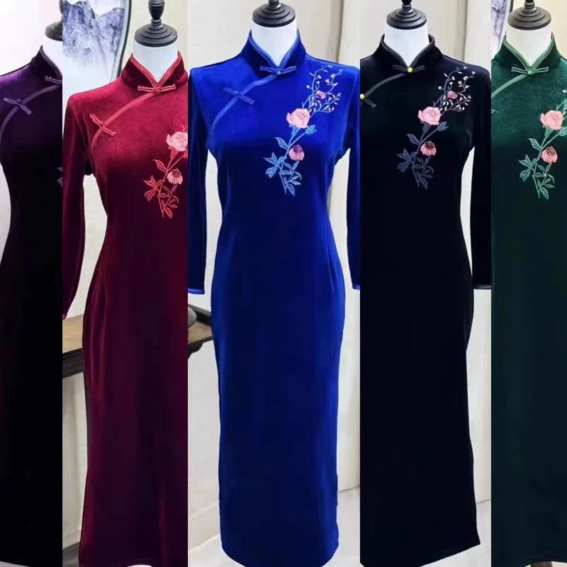 加绒加厚金丝绒小长款旗袍秋冬保暖时尚大码复古显瘦旗袍