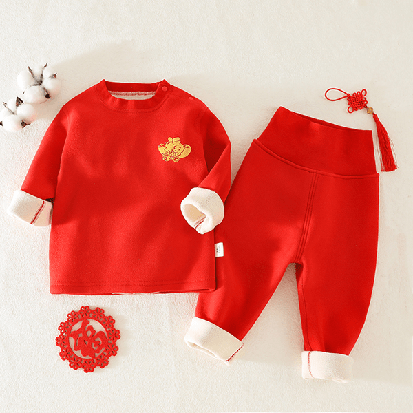 婴幼儿保暖内衣套装儿童加绒秋冬季加厚睡衣男女宝宝秋衣秋裤红色