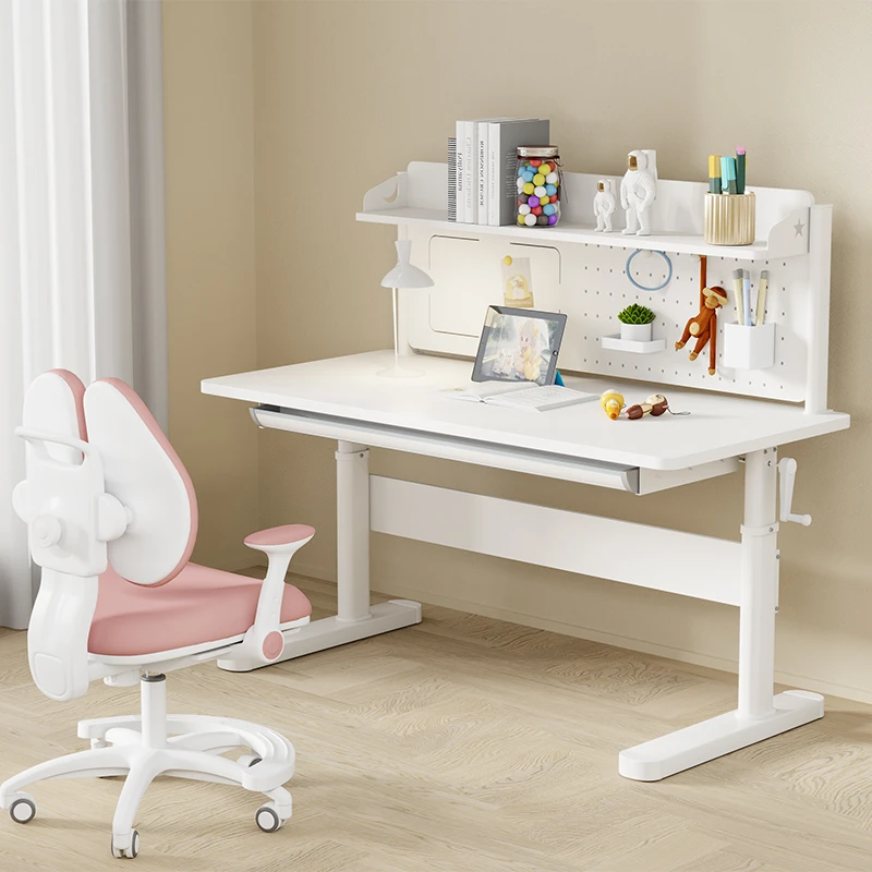 儿童学习桌可手摇升降大白电脑桌家用写字桌办公桌实木小学生书桌