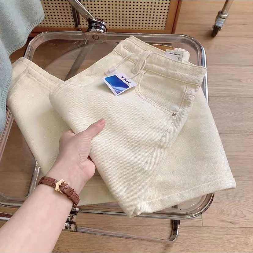 七言家人生白牛!  珍珠米白薄款显瘦直筒窄版牛仔裤@