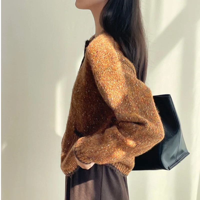 七言家焦糖玫瑰扣花纱开衫毛衣1