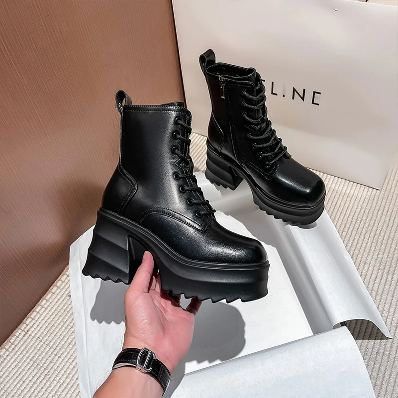 增高9CM靴子女2022年冬新款厚底高跟粗跟马丁靴女高帮短靴2079-11