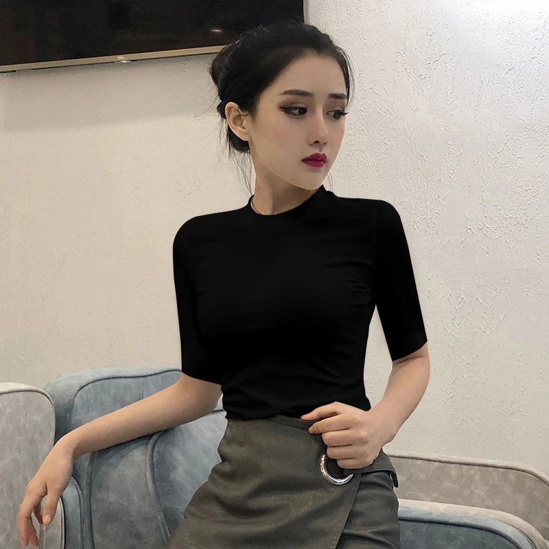 黑色莫代尔半高领打底衫T恤女中袖2023年新款夏半袖早秋上衣T恤