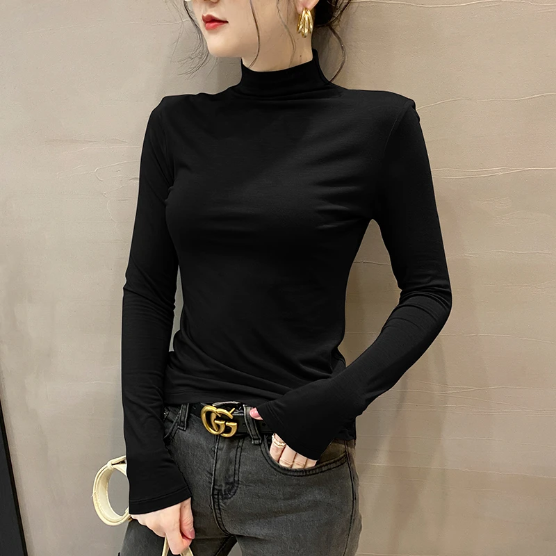 打底衫女2023春秋冬半高领洋气保暖内搭莫代尔黑色修身长袖上衣潮
