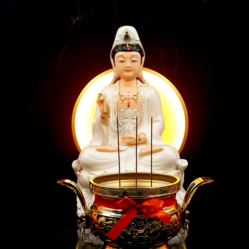 观音佛像家用陶瓷摆件宝莲观音像金韵彩佛像客厅观世音菩萨坐像
