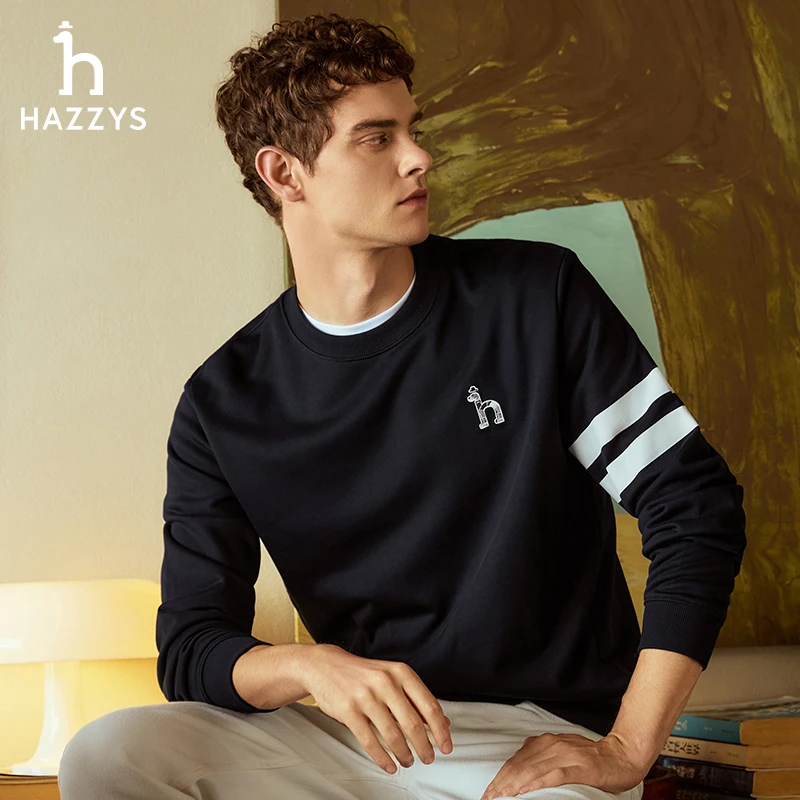 Hazzys哈吉斯秋冬季男士时尚休闲长袖T恤 运动百搭宽松圆领卫衣
