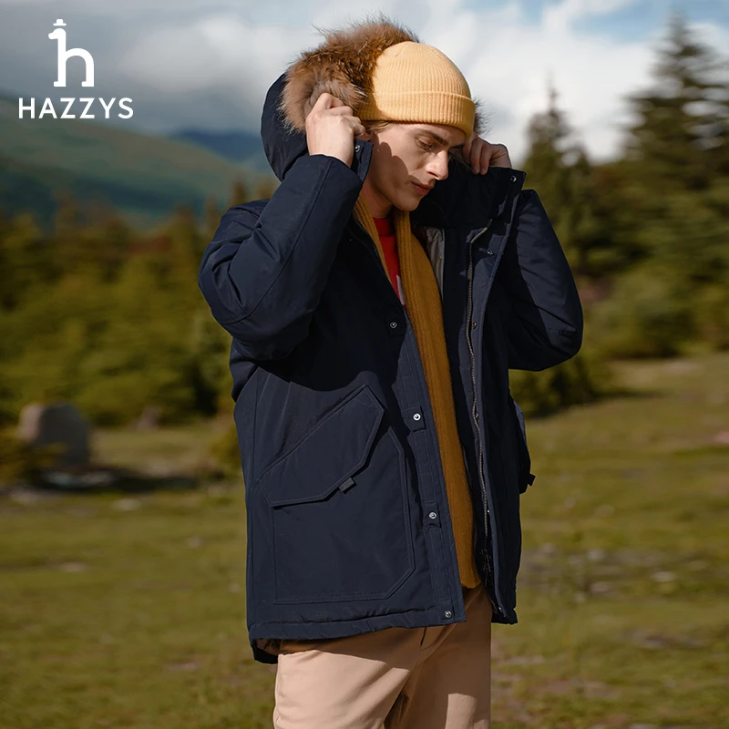 【张晚意同款】Hazzys哈吉斯冬男毛领羽绒服连帽中长款外套好羽绒