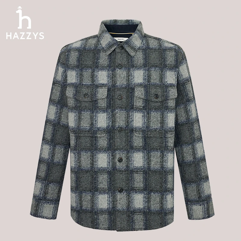 Hazzys哈吉斯男士秋冬休闲翻领格纹撞色设计时尚夹克外套通勤百搭