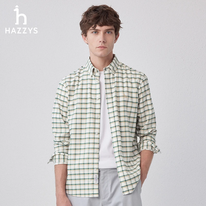 Hazzys哈吉斯男士长袖时尚格纹休闲衬衫舒适衬衣商务通勤撞色