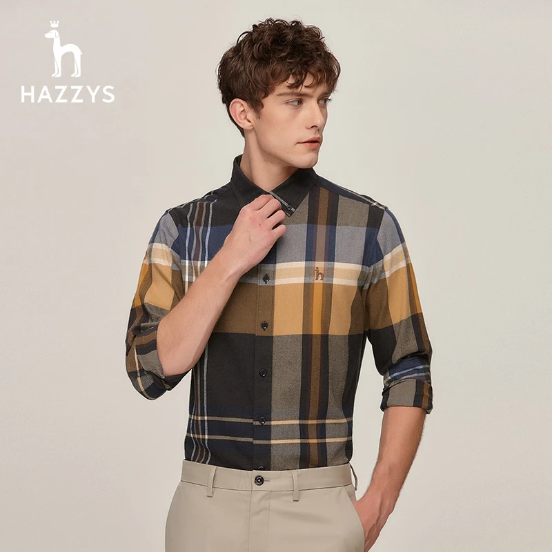 Hazzys哈吉斯男士长袖衬衫秋冬时尚经典磨毛格纹衬衣男潮流上衣