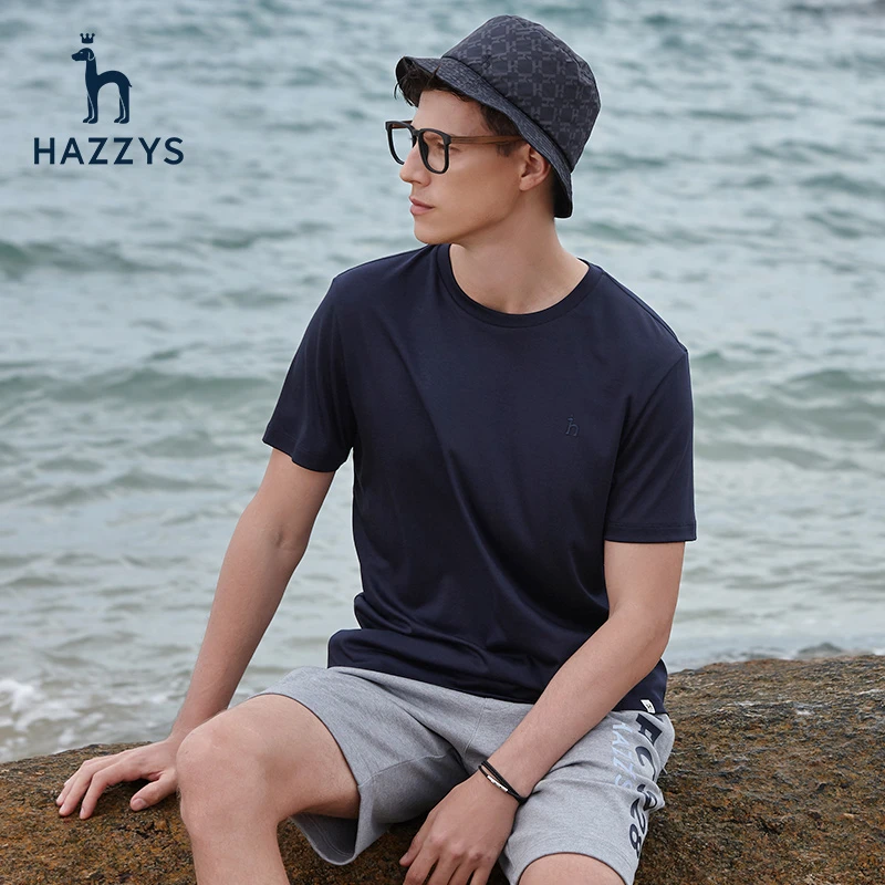 【抗菌凉感】Hazzys哈吉斯男士短袖T恤圆领舒适打底衫上衣弹力纯色