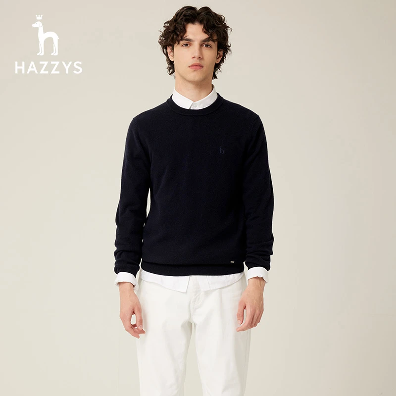 Hazzys哈吉斯秋冬男士羊绒毛衣时尚简约舒适圆领纯色休闲针织衫男