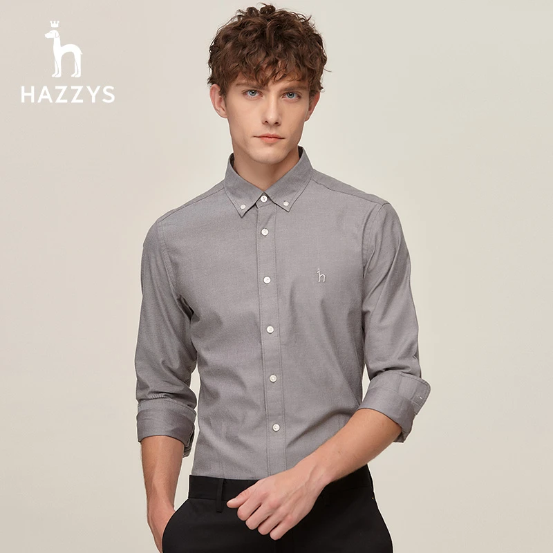 Hazzys哈吉斯秋季男士简约长袖商务衬衫纯色时尚休闲经典衬衣男