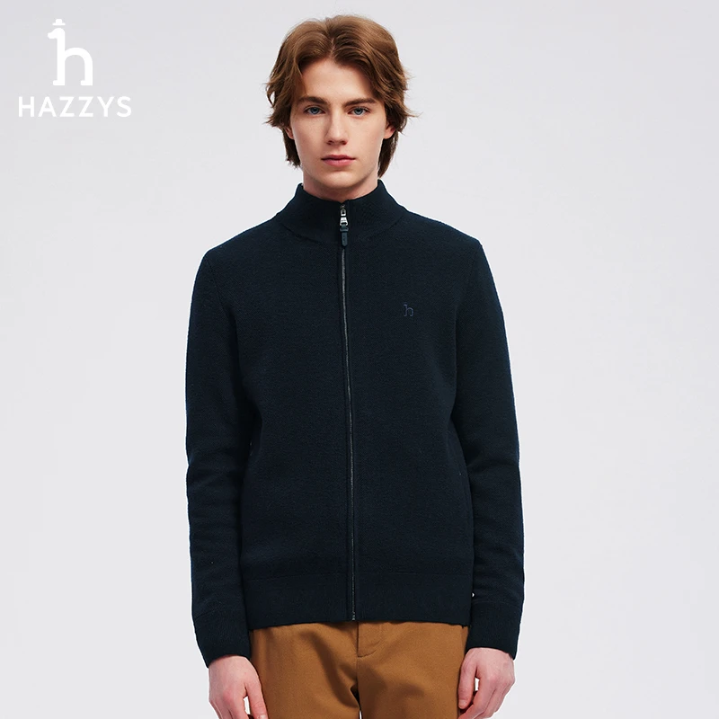 Hazzys哈吉斯秋冬季男士休闲纯色简约外套商务针织拉链开衫毛衣