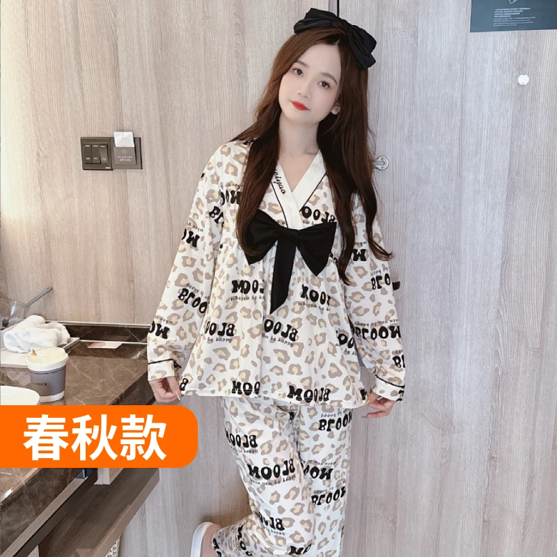 睡衣女春秋长袖薄款蝴蝶结公主风宽松大码时尚可外穿家居服套装