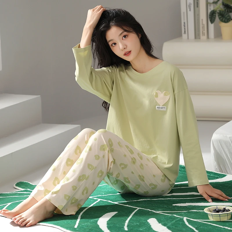 7A抗菌纯棉睡衣女春秋季长袖圆领薄款清新简约女士全棉家居服套装