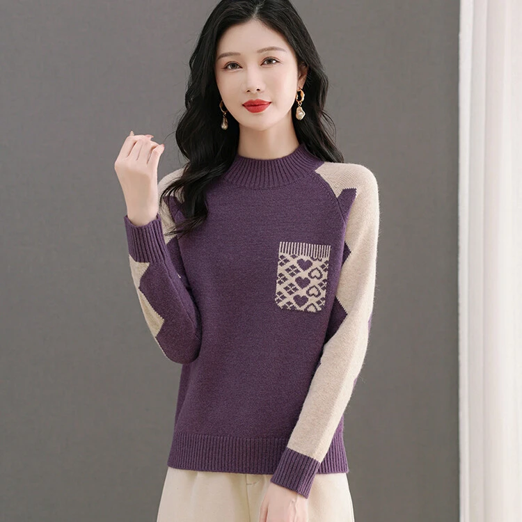 【绵羊毛】新款女装时尚百搭女士宽松针织加厚半高领洋气中年提花