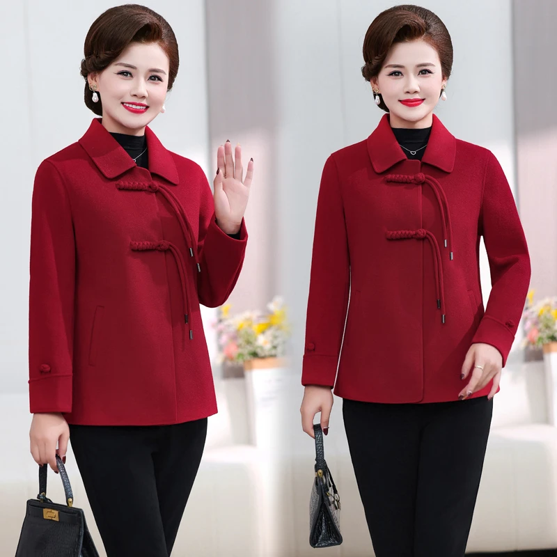 妈妈装春秋双面呢大衣红色2024新款中国风小个子时尚呢子短款外套