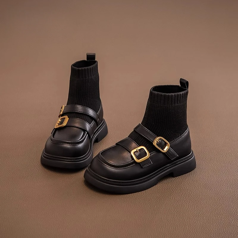 ABC女童鞋子儿童时尚马丁短靴子2024秋季新款皮靴大童袜靴女孩潮