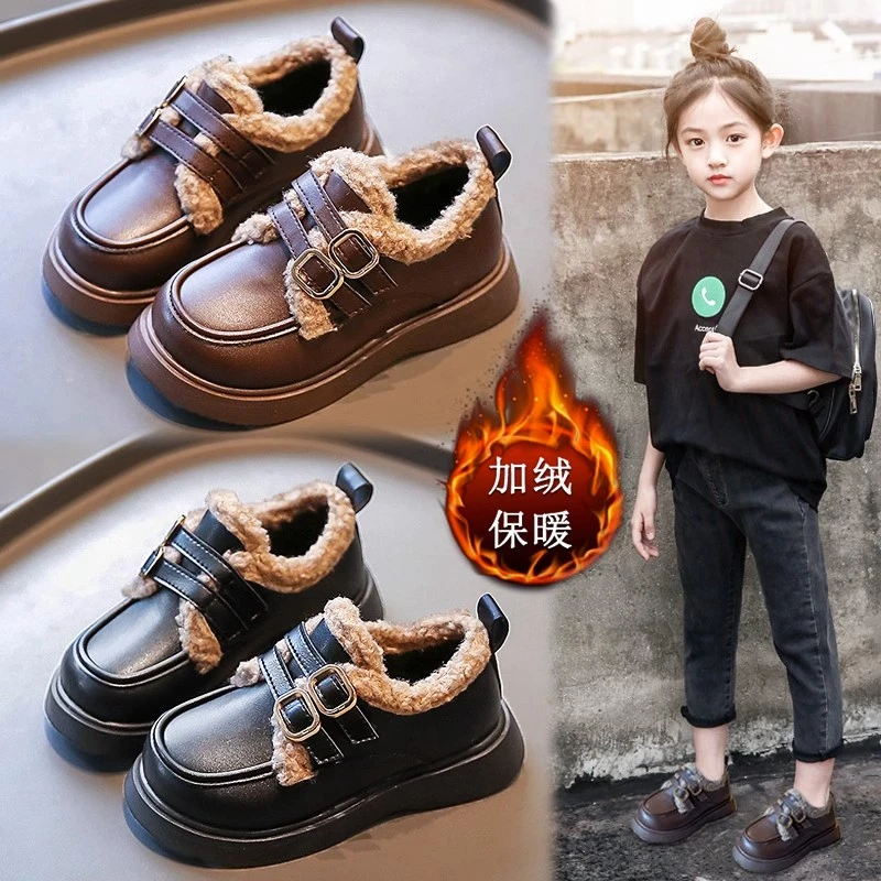 ABC女童小皮鞋2024冬季新款女童公主皮鞋加绒加厚保暖二棉宝宝鞋