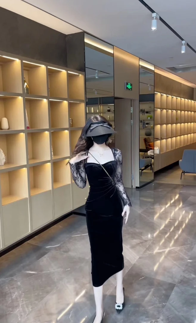 新款蕾丝袖修身显瘦法式经典连衣裙 922