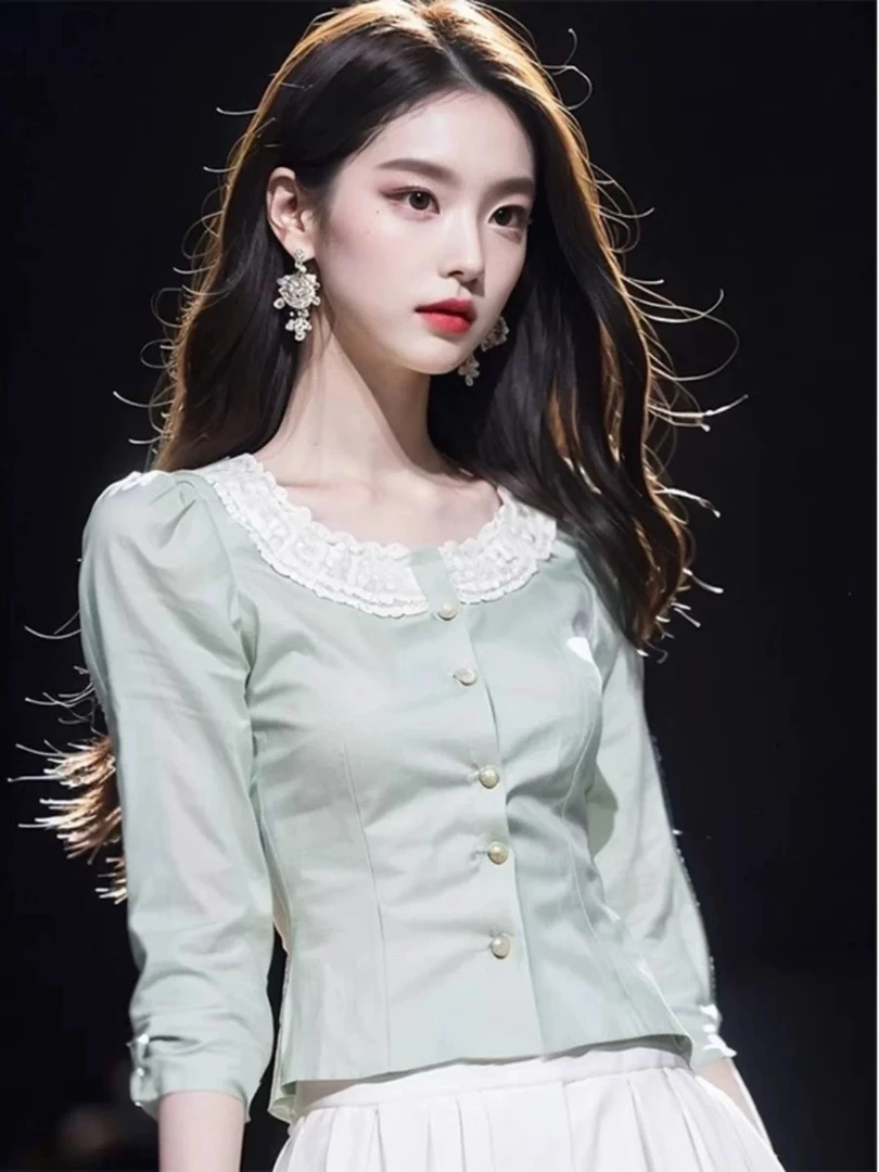 今年流行漂亮小衫法式超好看小香风法式掐腰浅绿色长袖上衣女秋季