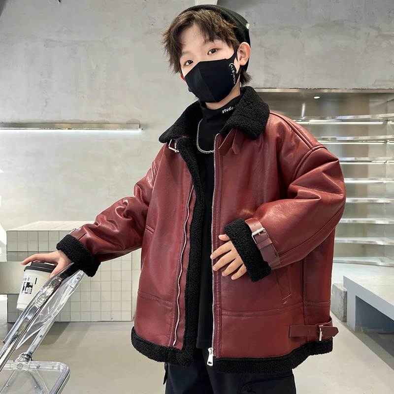 儿童装男童冬装加绒皮衣外套秋冬款2023新款中大童冬季加厚男孩潮
