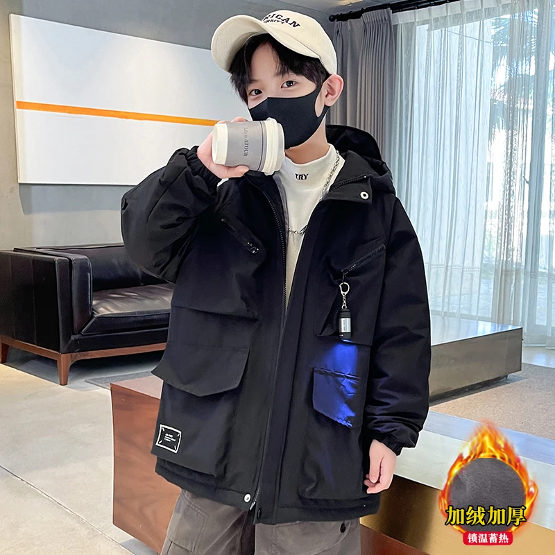 儿童装男童冬装加厚棉服保暖棉衣外套2023新款大童加绒冬季派克服