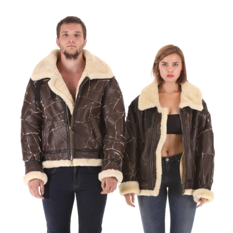 B3拼接 W011R-01R空军夹克真皮皮衣轰炸机羊剪16MM毛男款飞行皮衣