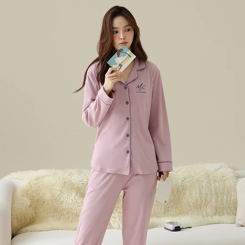 睡衣女士套装春秋款纯棉长袖长裤青年小翻领简约纯色家居服可外穿