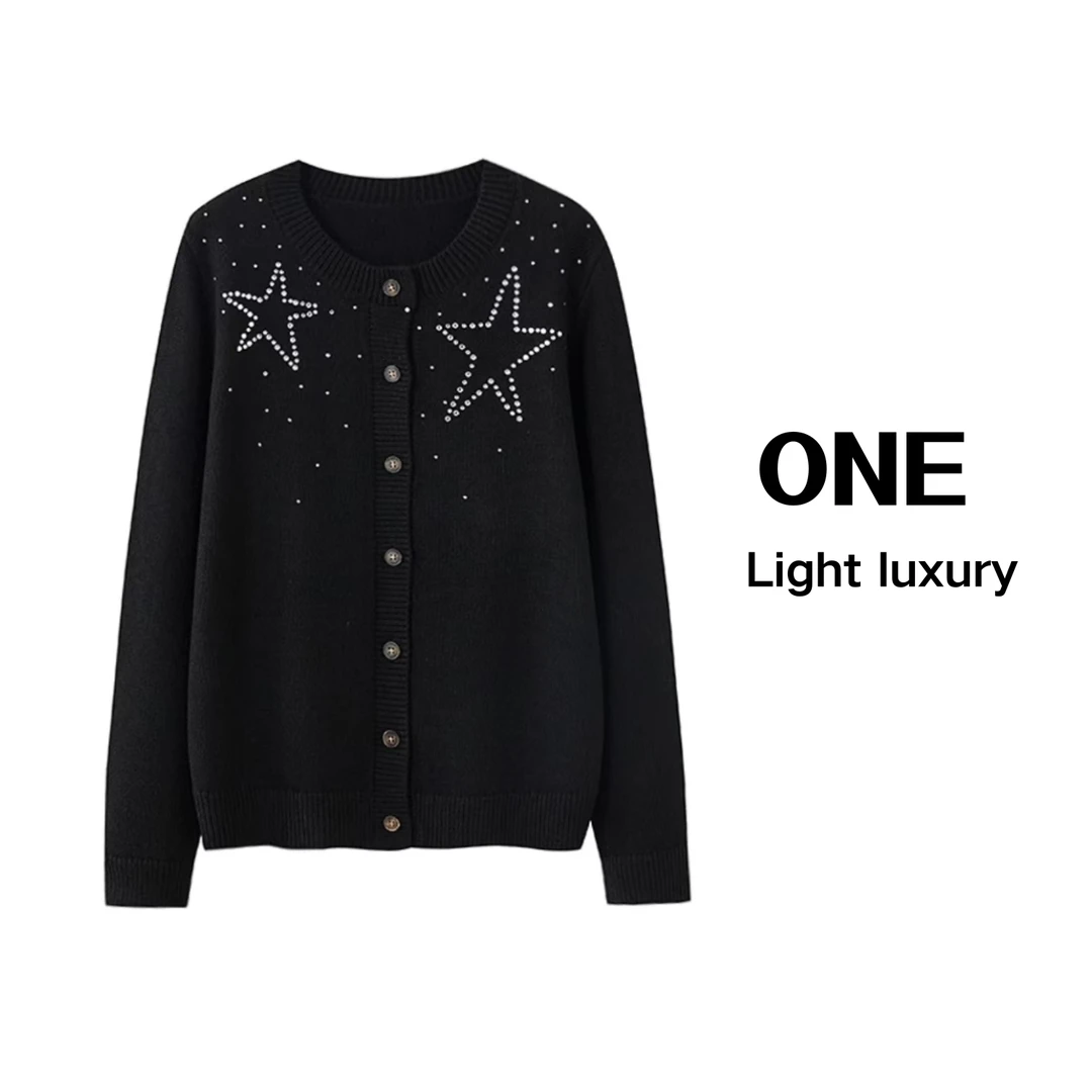 黑色秋冬长袖新款女圆领单排扣毛织开衫百搭外套上衣A8207