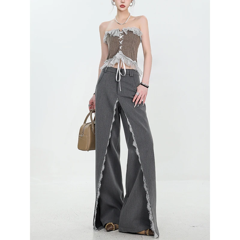 ABWEAR 原创灰色蕾丝拼接设计感西装裤女宽松垂感显瘦阔腿裤长裤